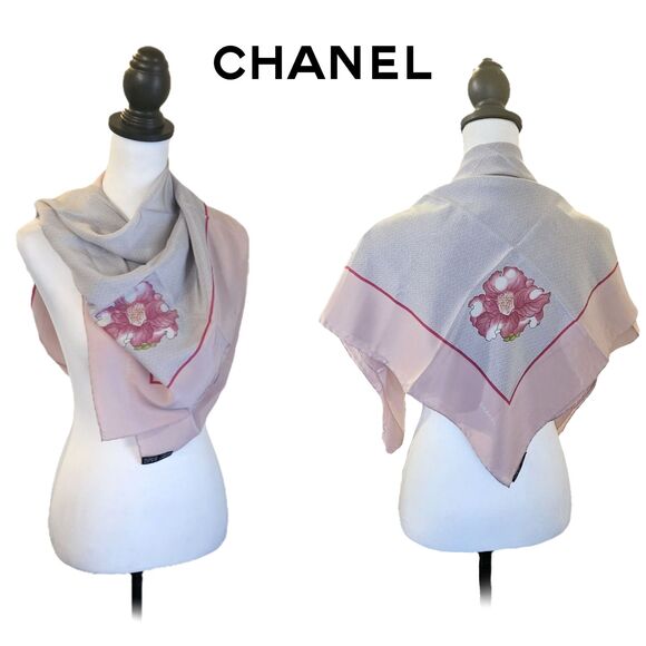 Chanel (Authentic) Pink Floral Camellia & Diamond Print 34" Silk Scarf, Vintage - Picture 1 of 7